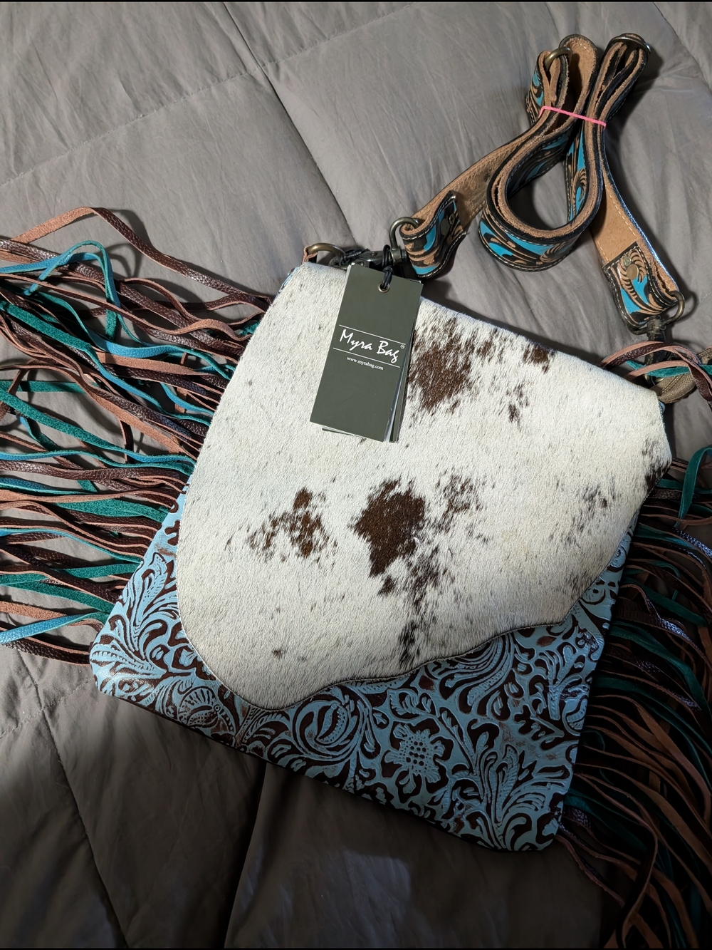 Myra Bag White Brown Cowhide & Turquoise Fringe Crossbody